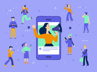 Vector illustration in flat simple style with characters - influencer marketing concept