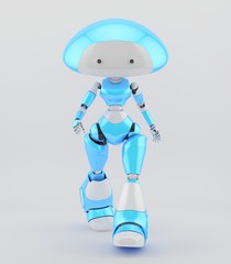 Walking blue-white mushroom lady robot, 3d illustration 