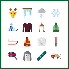 16 snow icon. Vector illustration snow set. icicle and iceland icons for snow works