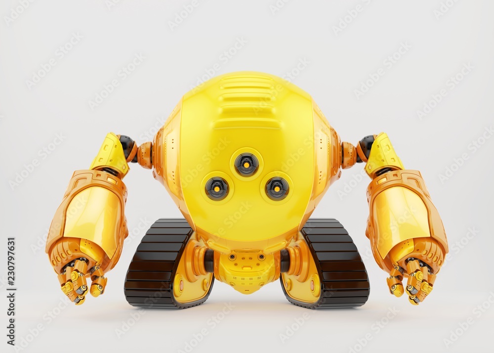 Aufkleber slogger robot on tracks with multi-functional arm full of instruments 3d rendering