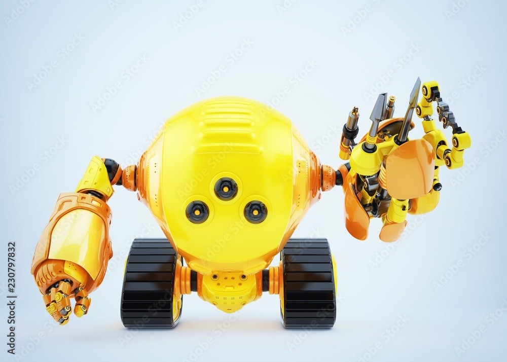 Aufkleber slogger robot on tracks with multi-functional arm full of instruments 3d rendering