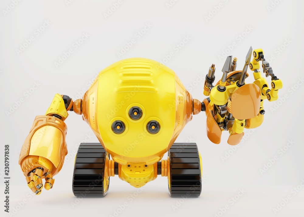 Aufkleber slogger robot on tracks with multi-functional arm full of instruments 3d rendering