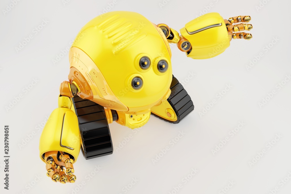 Aufkleber slogger robot on tracks with multi-functional arm full of instruments 3d rendering