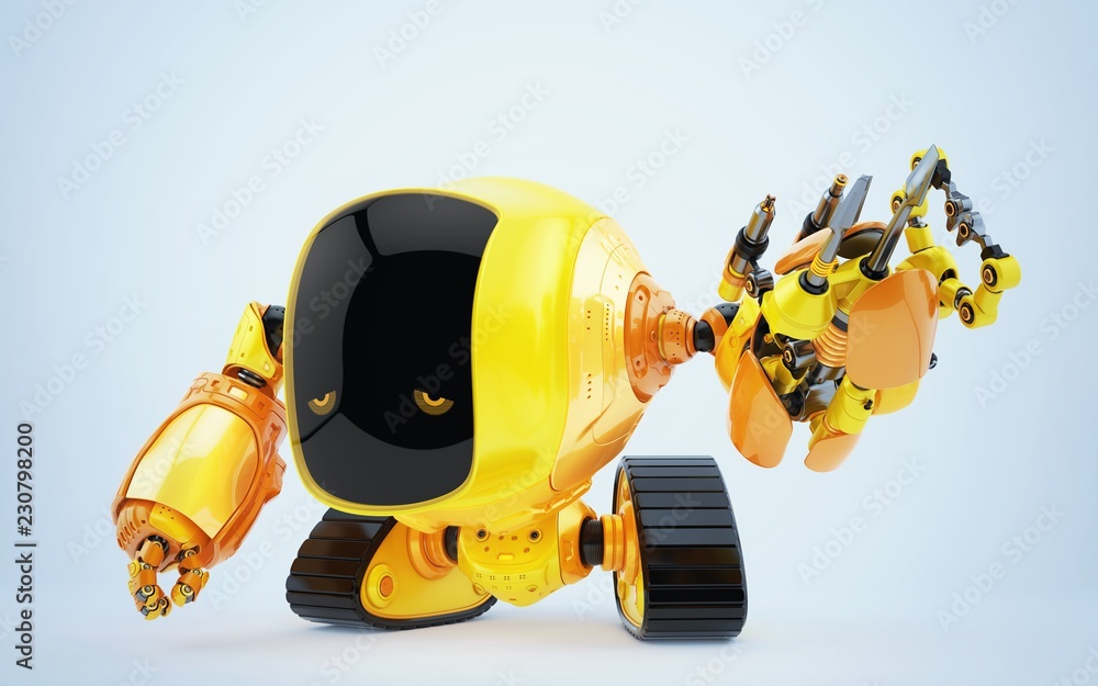 Aufkleber emotional robotic slogger in side angle with functional tool arm 3d rendering