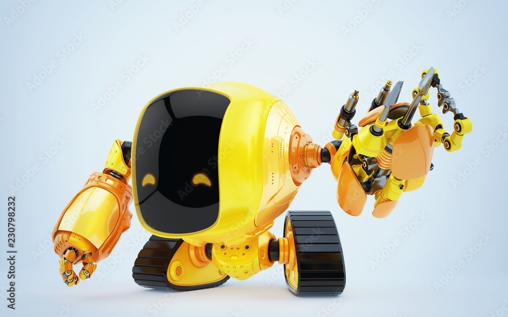 Poster emotional robotic slogger in side angle with functional tool arm 3d rendering