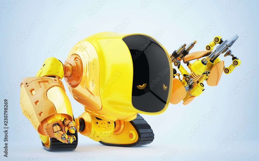 Poster emotional robotic slogger in side angle with functional tool arm 3d rendering