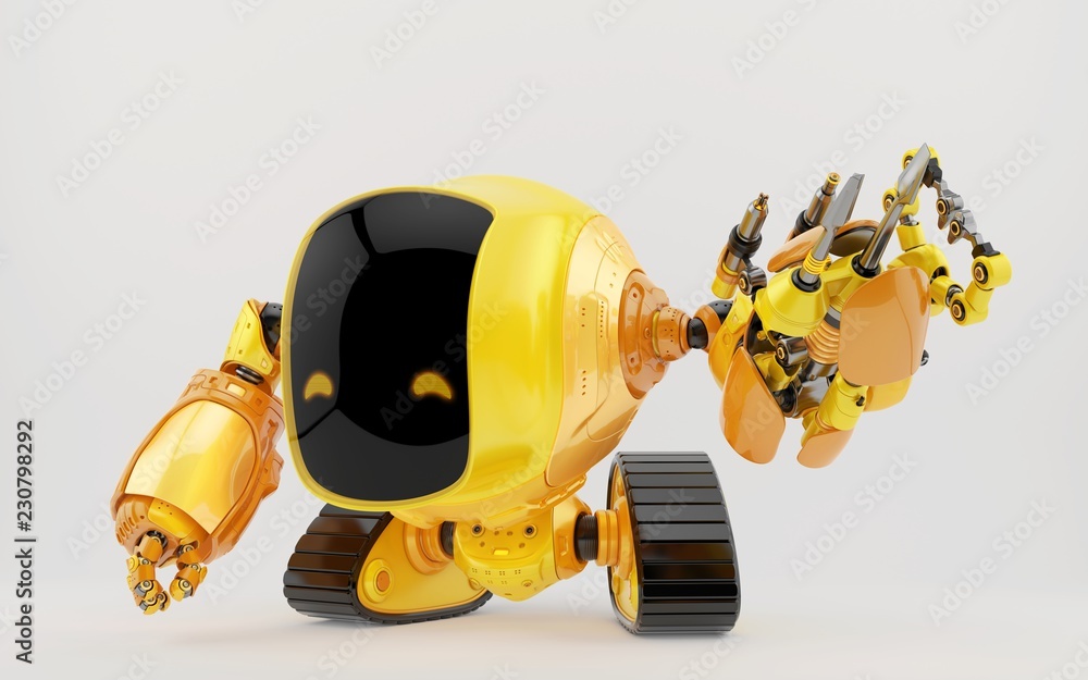 Poster emotional robotic slogger in side angle with functional tool arm 3d rendering