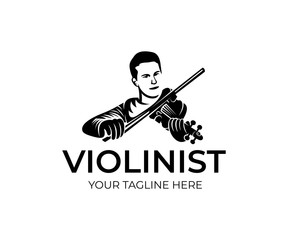 Man violinist playing violin, logo design. Musical instrument, music school, music and symphony orchestra, vector design and illustration