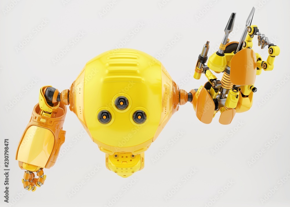 Aufkleber servant robot levitating with multi functional instruments 3d rendering