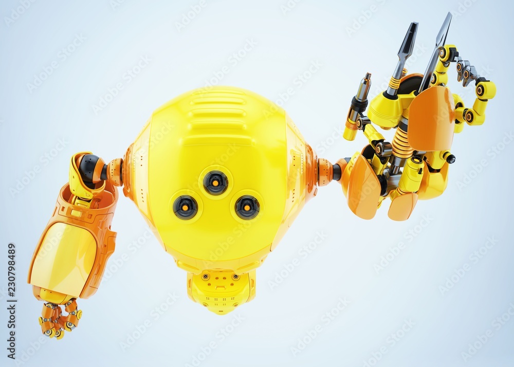 Aufkleber servant robot levitating with multi functional instruments 3d rendering