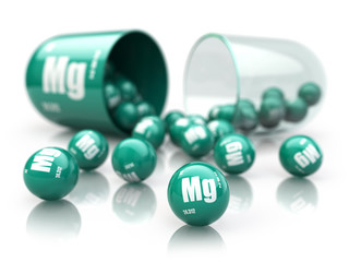 Capsule with magnesium Mg  element.  Dietary supplements. Vitamin capsule isolated on white.