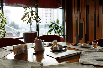 dessert souffle, teapot and tea cups