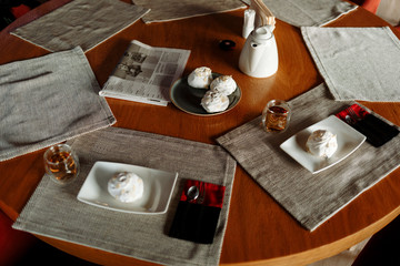 dessert souffle, teapot and tea cups