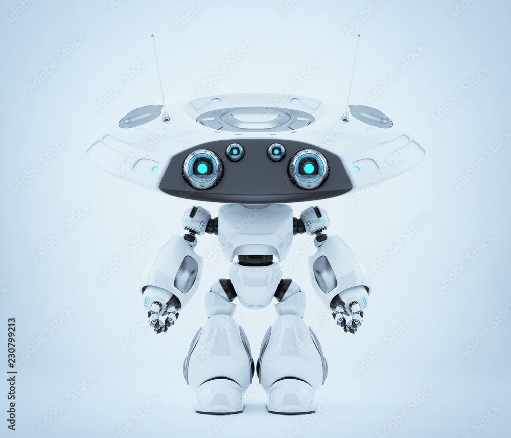 Poster ufo robot toy in silver color with big flat head with two big eyes. 3d render