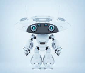 Ufo robot toy in silver color with big flat head with two big eyes. 3d render