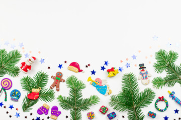 Christmas background with decorations. Santa, Christmas train with tree and sweets, snowman, reindeer and gifts