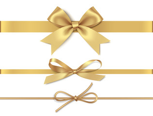 Set of decorative golden bows with horizontal yellow ribbon isolated on white background. Vector illustration - 230800415