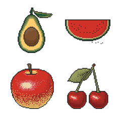 Set of fruits and berries pixel art on white background. Vector illustration.