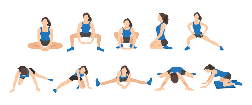 Workout girl set. Woman doing fitness and yoga exercises. Lunges and squats, plank and abc. Full body workout. Warming up, stretching
