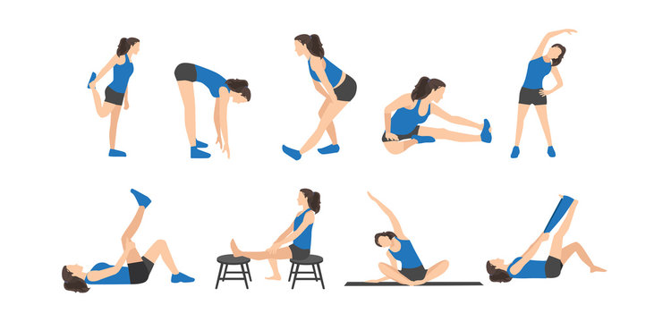 Workout girl set. Woman doing fitness and yoga exercises. Lunges and squats, plank and abc. Full body workout. Warming up, stretching
