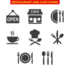 Restaurant and cafe icons set on white background.