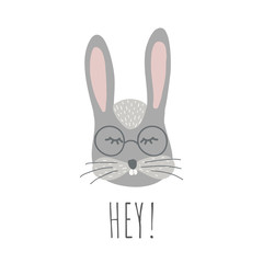 Vector Illustartion with cute animal on black background. Funny bunny. Retro style.Hey! phrase. Perfect fo kids cards, posters, book illustration and other design projects. EPS10