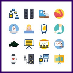 training icons set. leg, weight, discussion and new graphic works