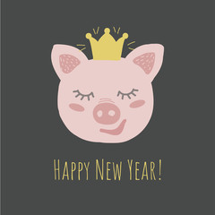 Vector Illustartion with cute animal on black background. Funny Pig. Retro style.Happy New Year phrase. Perfect fo kids cards, posters, book illustration and other design projects. EPS10
