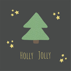 Winter and Christmas illustration with green fir tree and HOLLY JOLLY phrase on dark background. perfect for kids kards, banners, book illustrations and othe design projects.Vector.EPS 10