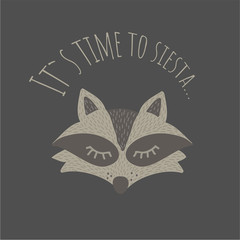 Vector Illustartion with cute animal on dark background. Funny Raccoon. Its time to siesta.Retro style. Perfect fo kids cards, posters, book illustration and other design projects. EPS10