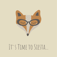 Vector Illustartion with cute animal on beige background. Funny Fox Face. Retro style. It`s time to siesta.Perfect fo kids cards, posters, book illustration and other design projects. EPS10