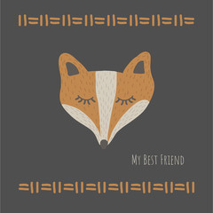 Vector Illustartion with cute animal on dark background. Funny Fox. Best friend.Retro style. Perfect fo kids cards, posters, book illustration and other design projects. EPS10