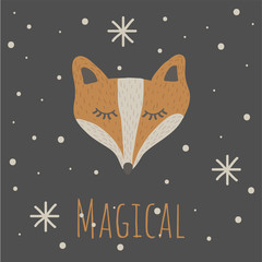 Vector Illustartion with cute animal on dark background. Funny Fox. Magical.Retro style. Perfect fo kids cards, posters, book illustration and other design projects. EPS10