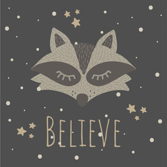 Vector Illustartion with cute animal on dark background. Funny Raccoon. Believe.Retro style. Perfect fo kids cards, posters, book illustration and other design projects. EPS10