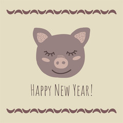 Vector Illustartion with cute animal on beige background. Funny Pig. Retro style.Happy new Year! phrase. Perfect fo kids cards, posters, book illustration and other design projects. EPS10