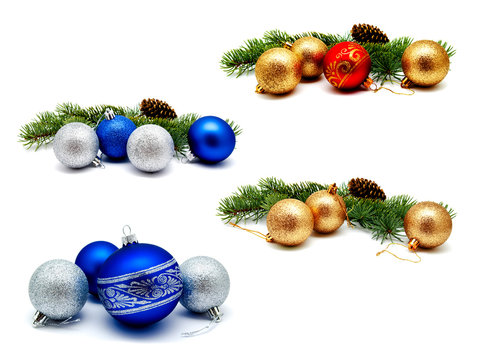 Collection of photos christmas decoration golden yellow red blue silver balls with fir cones and fir tree branches