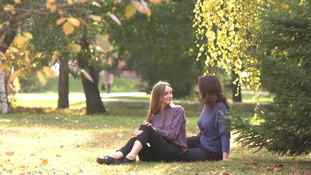 Girls in park.
Girls sit on the grass in the park and chat. They enjoy the weather in park. People walk in the background. Positive mood. Student's live.