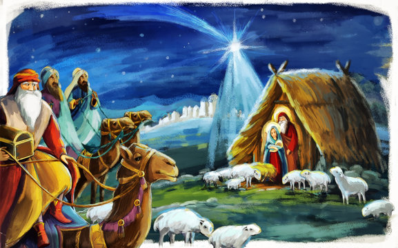religious illustration three kings - and holy family - traditional scene with sheep and donkey - illustration for children