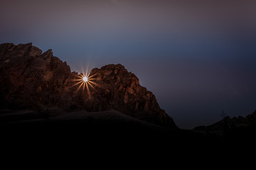 Morning sun rising above beautiful Crode Fiscaline peaks South Tyrol, Italy