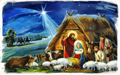 religious illustration three kings - and holy family - traditional scene with sheep and donkey - illustration for children
