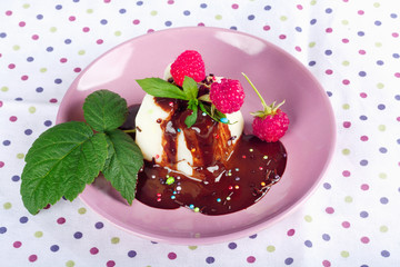 Cream pudding with chocolate sauce, raspberry and mint on beautiful multicolored tablecloth.
