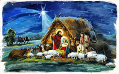 Fototapeta na wymiar religious illustration three kings - and holy family - traditional scene with sheep and donkey - illustration for children