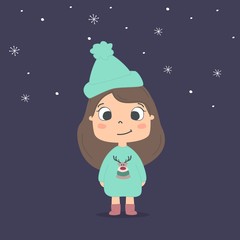 Merry Christmas greeting card with a cute little girl. Happy New Year holidays! Vector illustratuon.