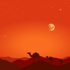 Camel caravan in wild desert mountain nature landscape. Vector illustration
