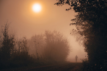 Man silhouette running outdoors. Autumn morning