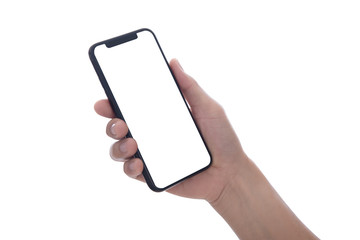 women hand holding white tablet with blank black screen - isolated on white