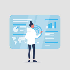 Young female millennial character monitoring a blue transparent futuristic screen. Conceptual future technologies / flat editable vector illustration, clip art