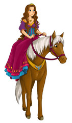 cartoon scene with princess riding on horse on white background - illustration for children