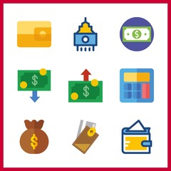 9 bank icon. Vector illustration bank set. calculator and money bag icons for bank works