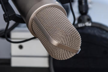 Gray studio microphone. Voice recording. Home audio studio